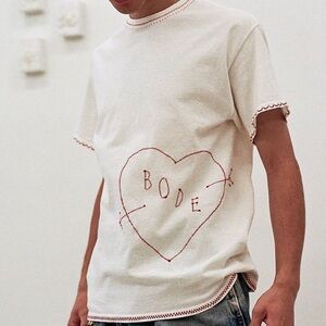 Emily Bode Hand Embroidered White Tee with Red Heart Design